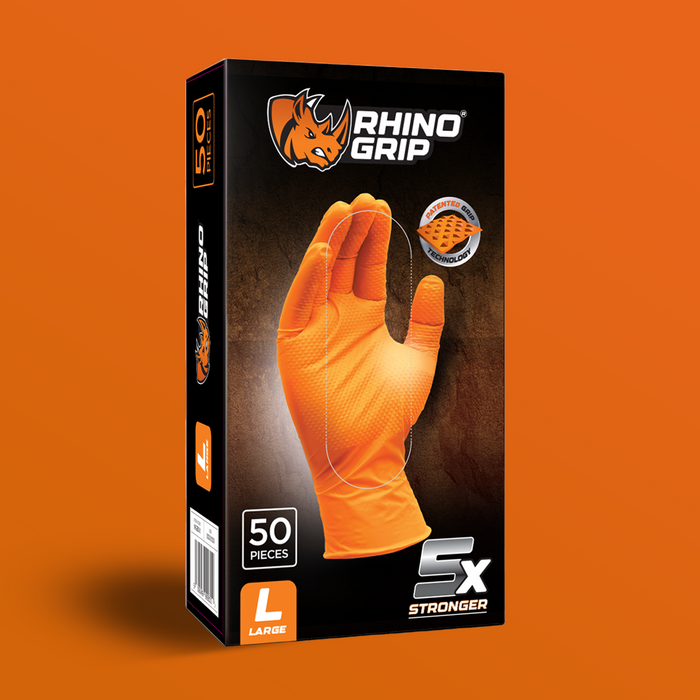 Rhino Grip Orange Ultra Tough Nitrile Trade Gloves- Pack of 50