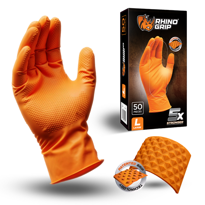 Rhino Grip Orange Ultra Tough Nitrile Trade Gloves- Pack of 50