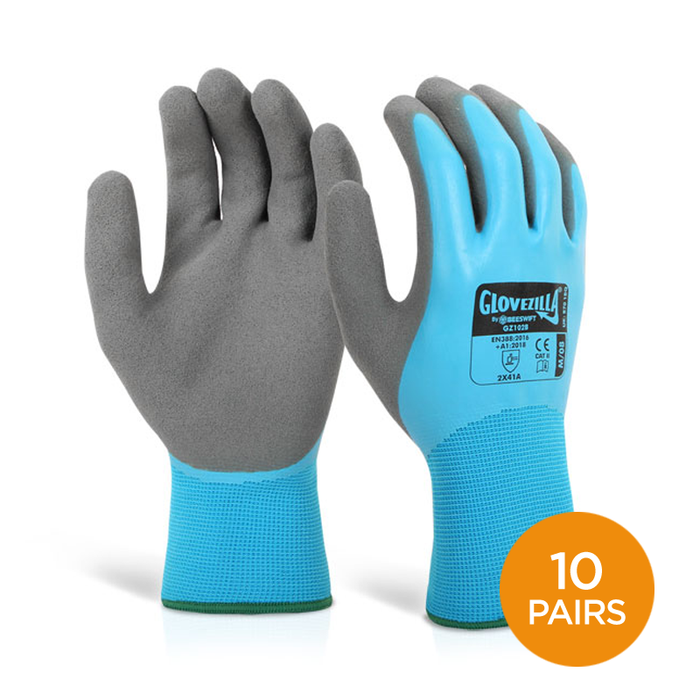 Glovezilla Latex Palm Coated Waterproof Gloves- Pack of 10