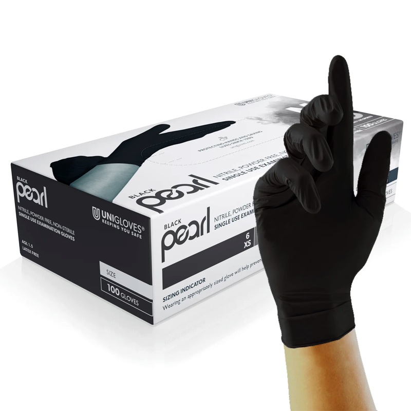 Uniglove Pearl PF Nitrile Gloves Black Pack of 100