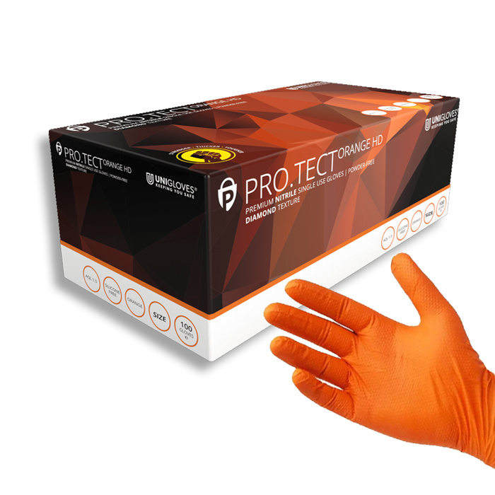 Unigloves Pro.tect Heavy Duty PF Orange Nitrile Gloves- Pack of 100