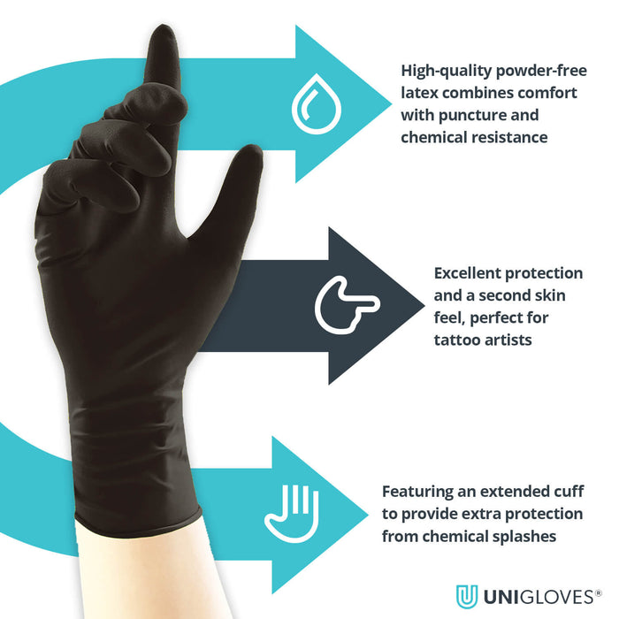 Unigloves Black PF Latex Gloves Long Cuff- Pack of 100